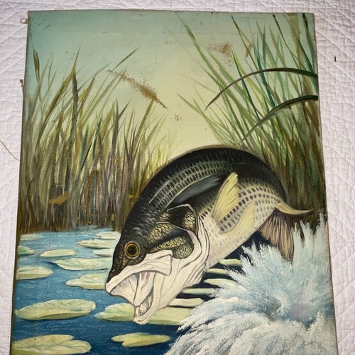 Vintage 70s largemouth BASS fish hand painted oil painting fishing fisherman - Picture 6 of 16