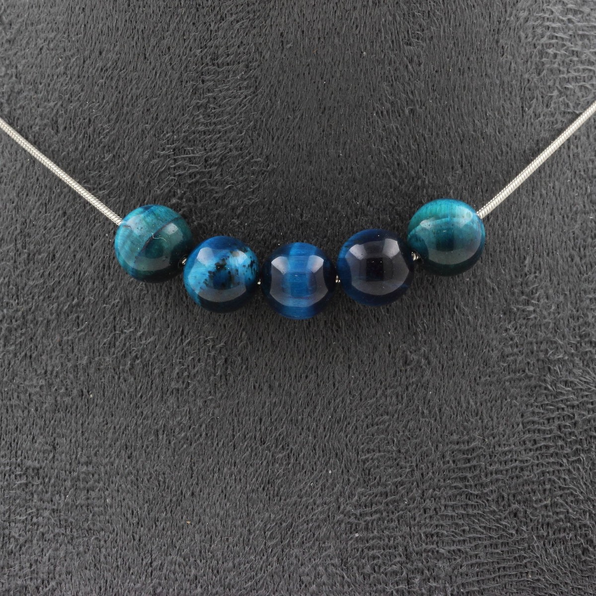 Collier 10 Perles Oeil De Tigre Bleu Clair 8mm - Chaîne Incluse - Neuf Avec étiquettes
