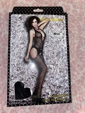 NIP Sheer Sexy Black Corset Lace Bodysuit w/Garters Stockings OS One Size S M L
