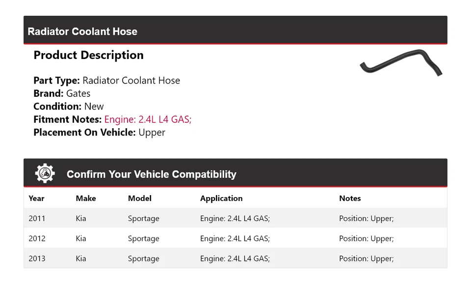 Manguera de refrigerante de radiador de gas de 2,4 L L4 para Kia Sportage 2011-2013 puertas superiores 2012 Foto 2 de 4