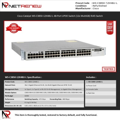 Cisco Catalyst WS-C3850-12X48U-L 48-Port(12x MultiGB) UPOE RJ45 Switch
