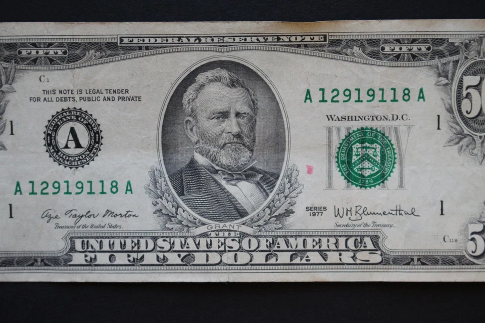 1977 $50 Federal Reserve Note/Boston/F-2119A/average circulation/Free shipping! - Image 3 of 4