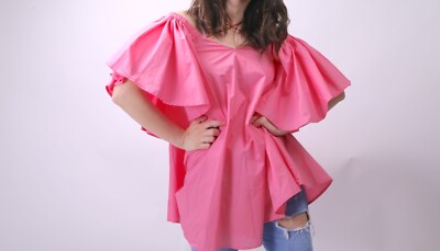 Few Moda Blouse Pink Cotton Off Shoulder Short Sleeve Ruffle Bell Sleeve Size S