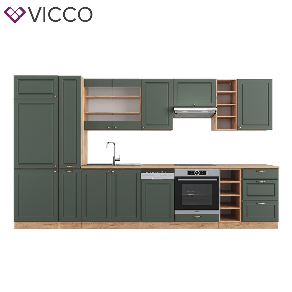 Cuisine Intégrée Fame-Line Vicco Style Rustique, 355cm, Couleur Chêne Vert Or, Neuve