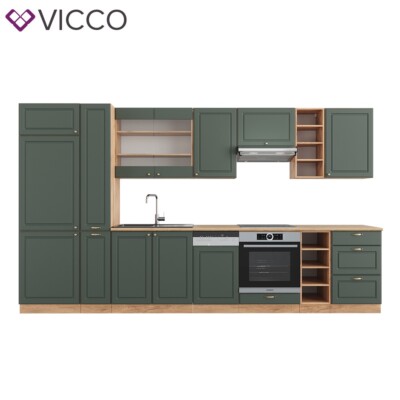 Cuisine Intégrée Fame-Line Vicco Style Rustique, 355cm, Couleur Chêne Vert Or, Neuve