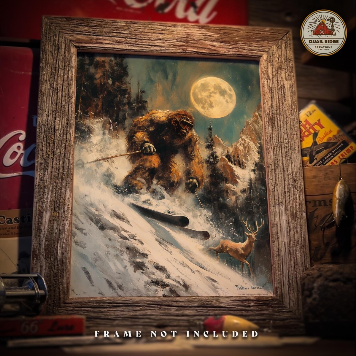 Vintage Sasquatch Bigfoot Art Print Snow Skiing Artwork Ski