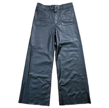 Zara Black High Waisted Faux Leather Wide Leg Pants Size 10 FLAW Cut Hem Moto
