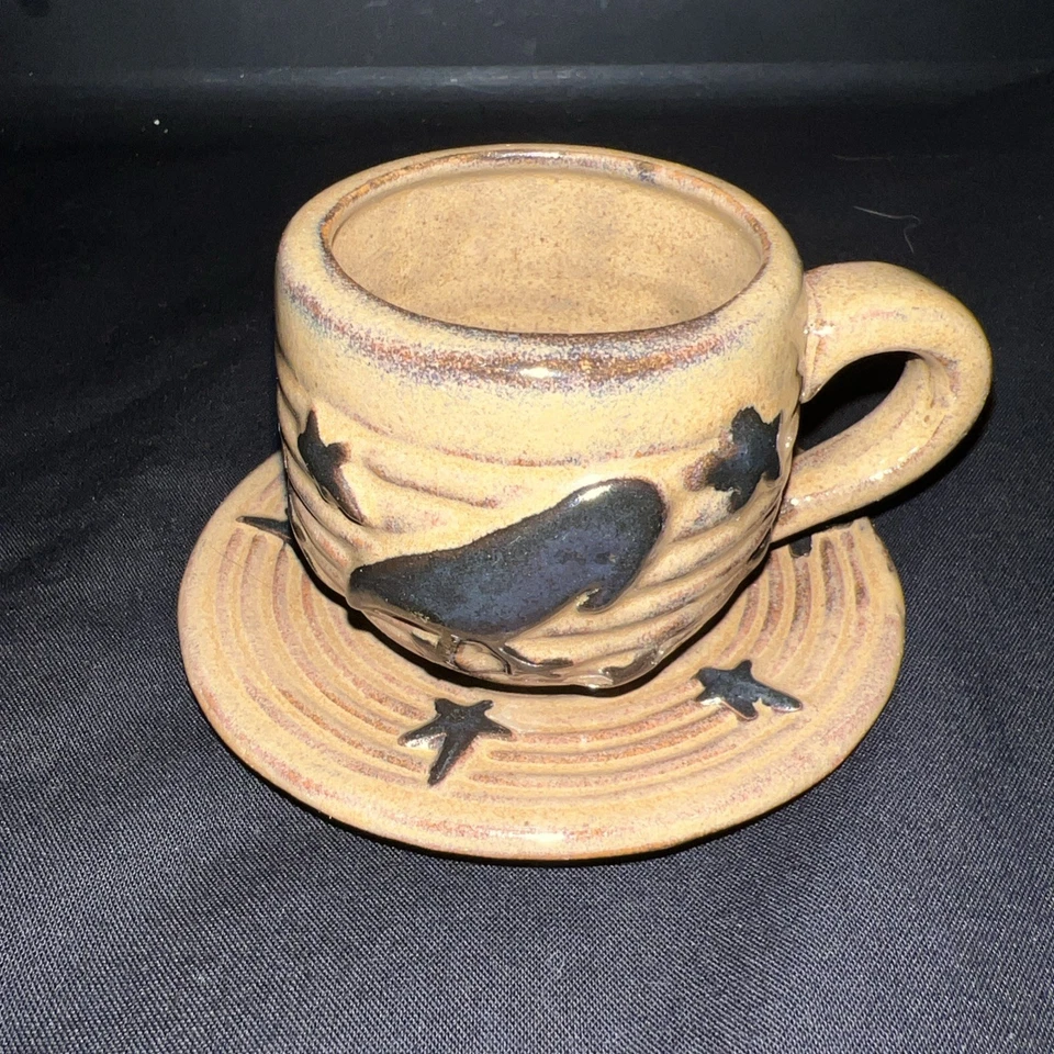 Prim Tea Cup Crow Honey Jar Glazed Ceramic Crow & Stars Ribbed Brown Sauce - Image 2 of 4