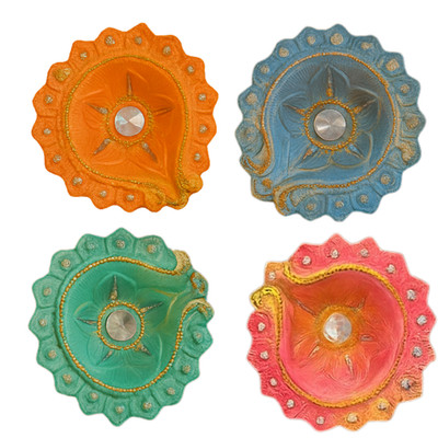 Handgefertigte bunte Ton Diyas für Diwali Pooja | 4er Pack Deko Lampen