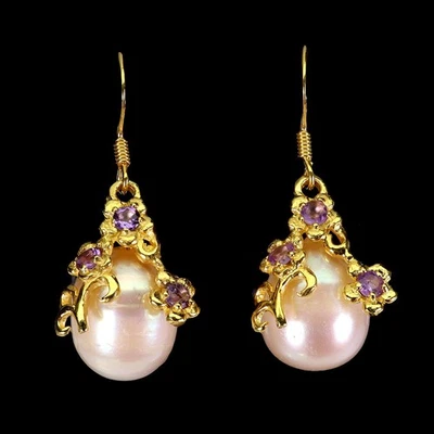 925 Sterlingsilber Ohrringe Runde Amethyst Perle Natürlicher Edelstein Schmuck - Bild 1 von 4