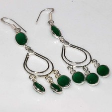 Long Green Onyx 925 Silver Plated Earrings 2.8" Spiritual Gift Fashion Sale b408