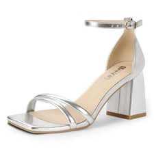 IDIFU IN3 Women's Silver Strappy Chunky Block Square Toe Heels Sandals 10