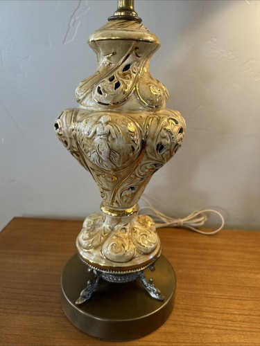 Vintage Antique CAPODIMONTE Porcelain Lamp Beige Porcelain Gold Base