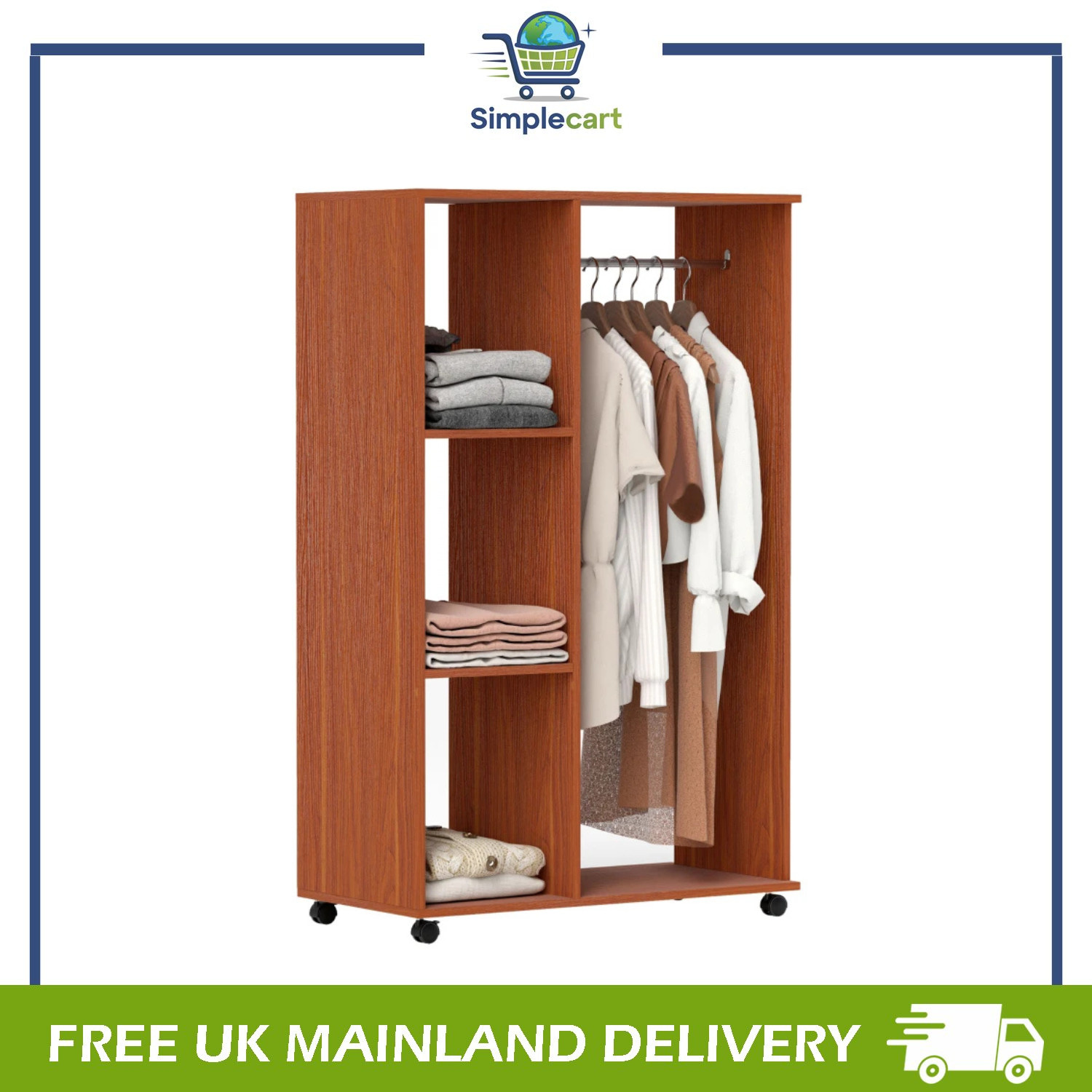 Open Wardrobe on Wheels with Clothes Rail and Storage Shelves