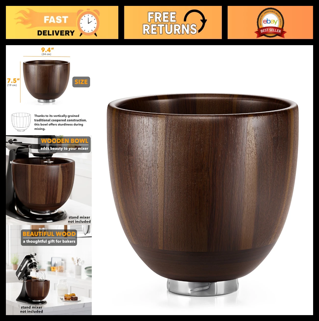 Wooden Mixing Bowl Holder for Stand Mixer - Acacia Wood, Fits 4.5 & 5 QT Tilt-He