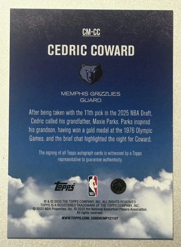 2025 Topps Cedric Coward Contemporary Marks Auto Rookie CM-CC Memphis Grizzlies - Image 2 of 4