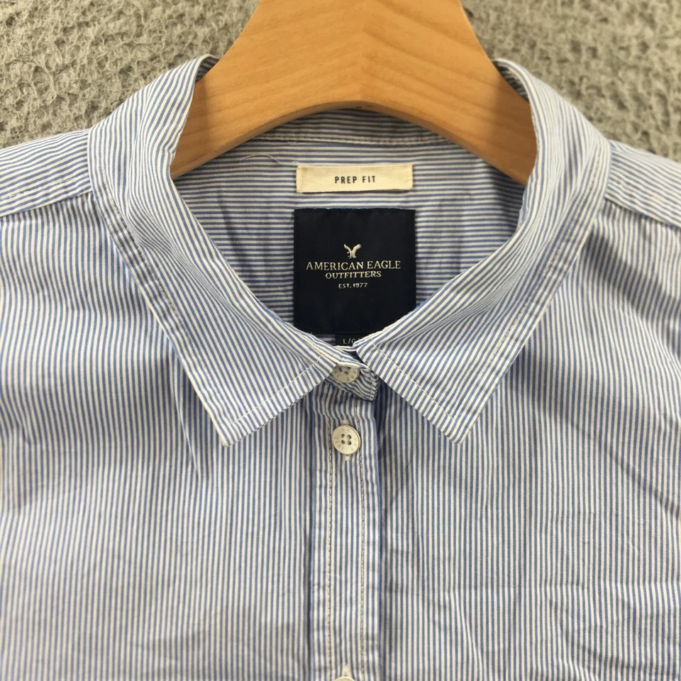 Camisa de vestir con botones Americal Eagle para mujer grande azul a rayas manga larga Foto 3 de 4