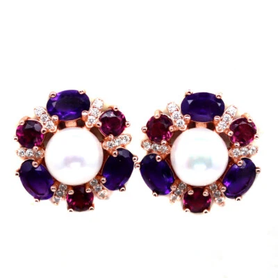 Edelstein Weiße Perle, Amethyst, Rhodolith Granat & Zirkonia Ohrringe 925 Silber - Bild 1 von 4
