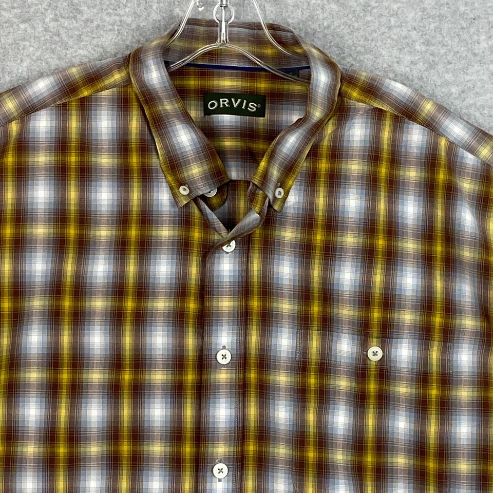 Camisa masculina Orvis XL marrom dourada manga longa bolso com botões 100% algodão casual - Imagem 2 de 4