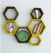 Hexagon wall shelf, set of 6 hexagon wall shelf Yellow Brown