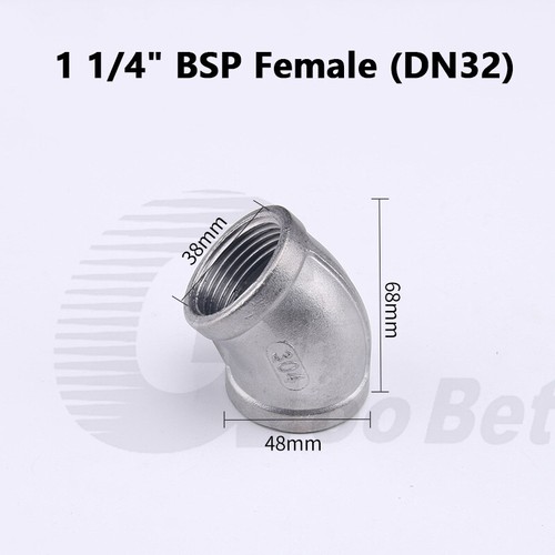 Stainless Steel 45° Elbow Equal 1/8" - 2" BSP Female Threaded Pipe Fittings 304 - Picture 15 of 17