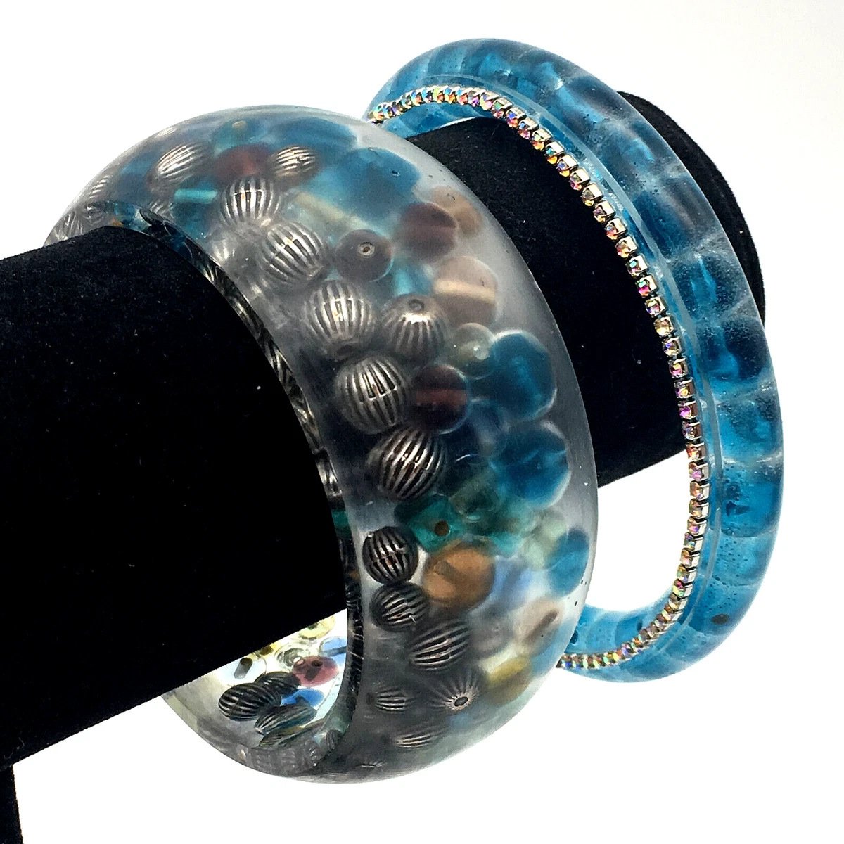 Two Clear Resin Bangle Bracelets, 1 Wide Frosted w/Colored Beads, 1 Blue  Beads