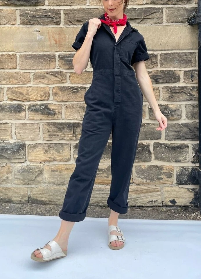 WOLF Französischer Arbeitskleidung Boilersuit Eisenbahn schwarz - Fischgrät Baumwolle kurzarm