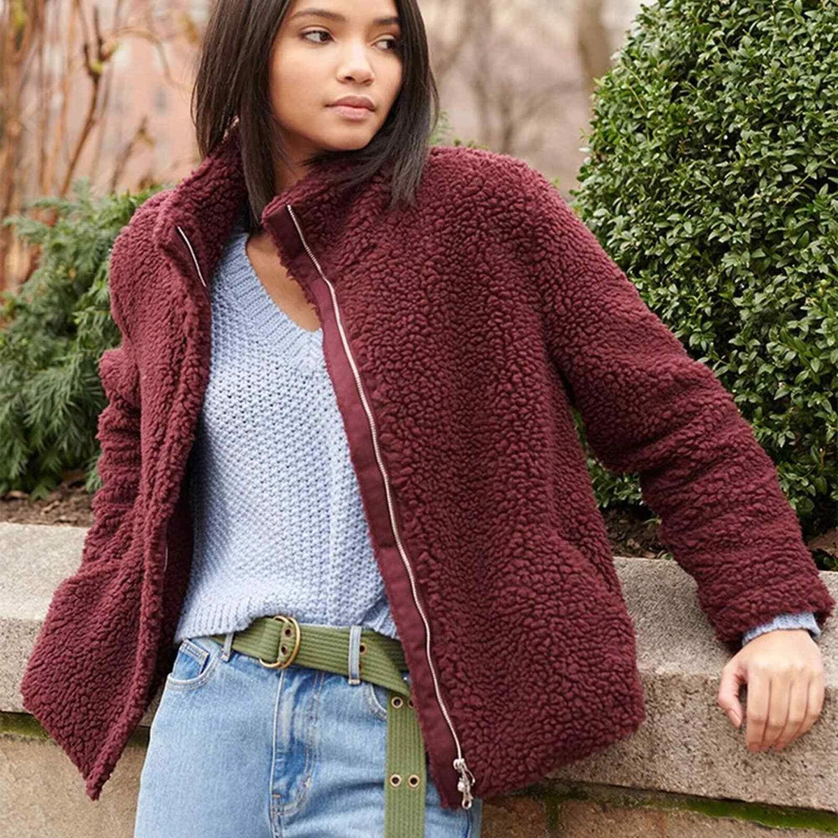 PacSun Burgundy Sherpa Teddy Jacket Full Zip Pockets Warm Winter Cozy Sz XS S