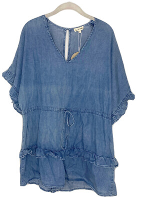 Aaron & Amber Casual Ruffle Short Sleeve Elastic Comfy Chambray Romper Sz M New