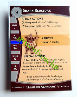  SHARN REDCLOAK  44 C  DEMONWEB 2008  D&D MINIATURES ROLEPLAYING STATS CARD DDM