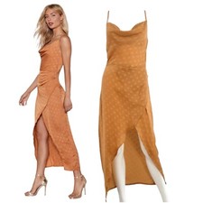 Nasty Gal Satin Slip Dress Beige Polka Dot Cowl Neck Going Out Size UK 8