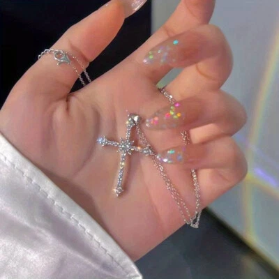 Halskette Kreuz Kette Kristall Glitzer Anhänger Zirkonia Damen Schmuck silber - Bild 1 von 4