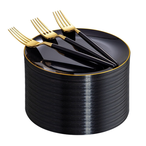I00000 144Pcs Black and Gold Dessert Plate Set, Including 72Pcs Black and Gol...