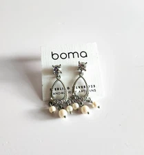 Boma Sterling Silver 925 Open Teardrop Pierced Earrings w/ Pearls, Rhinestones
