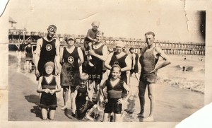 Antique Photo Family on Beach Swim Club Bathing Suits Fishing Pier American USA