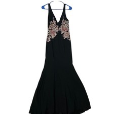 Xscape Black Floral Embroidered Sequin V-Neck Mermaid Evening Gown Dress 4
