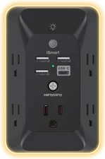 Black Outlet Extender with Night Light, HANYCONY Multi Plug 1 USB C, 