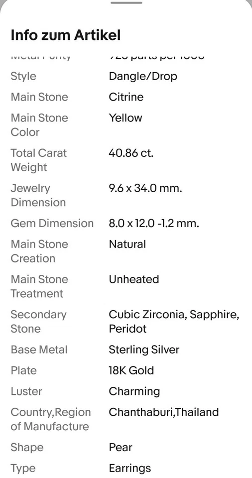 925Sterling Silber Ohrstecker HÄNGER Echte Edelsteine Citrin ,Peridot 18KVergold - Bild 4 von 4