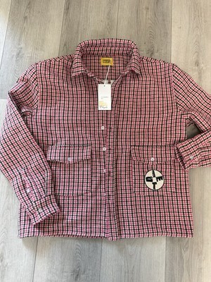 Diet Starts Monday Men's Red Plaid Cotton Button-Up Shirt Long Sleeve Patch
