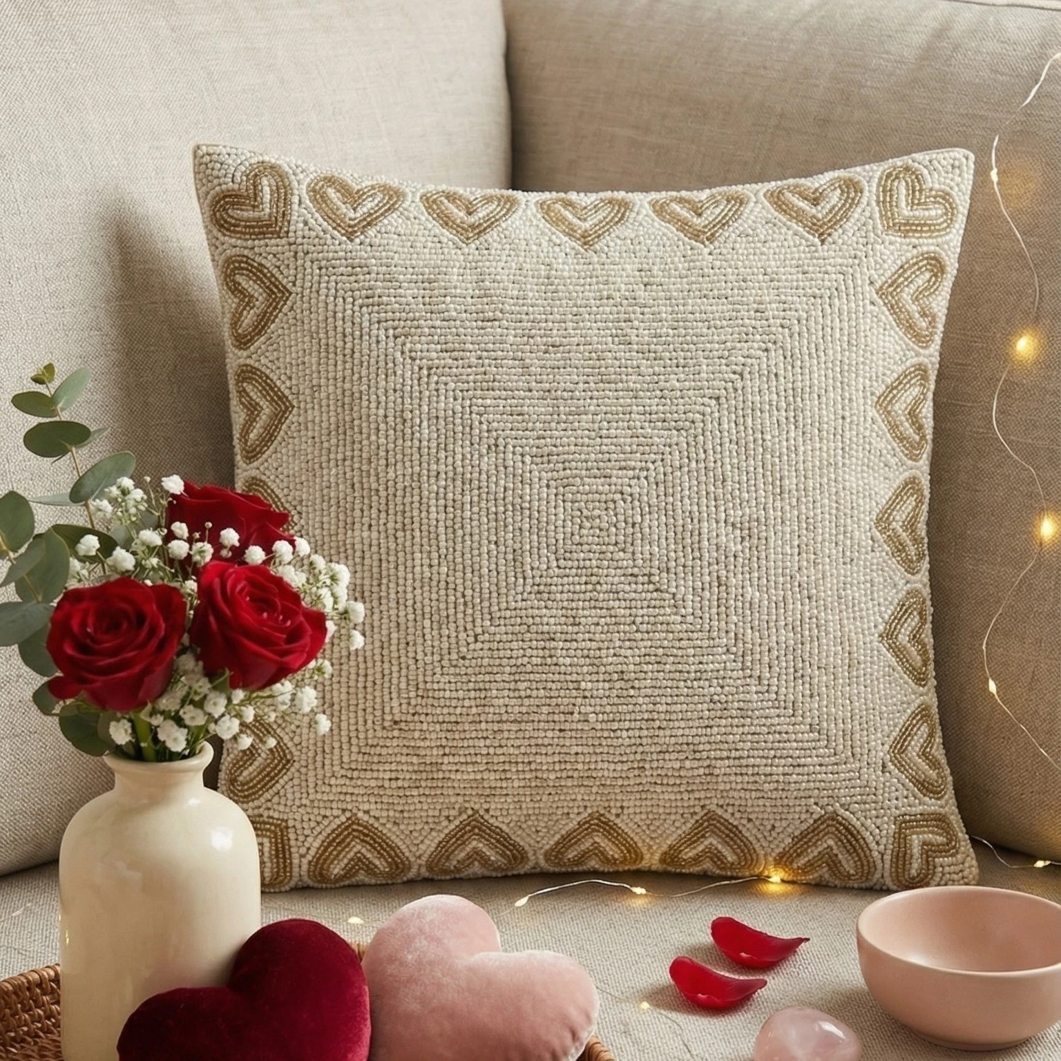 Handmade Beaded Throw Pillow Cover - Heart Border Design - Cream & Gold - 16x16
Opens in a new windo