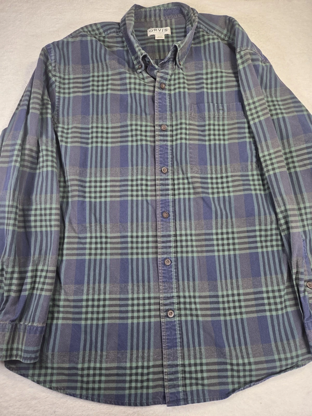 Orvis Shirt Button Down Shirt Mens 2XL Green Plaid Wrinkle Free Outdoor Hiking