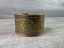 Vintage Etched Brass W/Copper Accents 1.5" Wide Cuff  Bracelet Made In India
