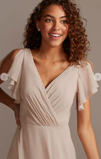 Celebrate Bridesmaid Flutter Sleeve V-Neck Maxi Dress Biscotti 4 David's F20065
