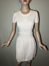 Chanel 2009/ 09P White Knit Ribbed Dress CC Logo Tonal Bodycon Italy Sz 42