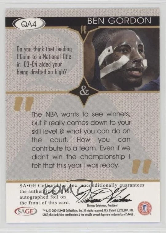 2004 SAGE Hit Q & A Auto /100 Ben Gordon #QA4 Rookie Auto RC - Image 2 of 2