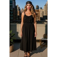 H&M Black Spaghetti Strap Ruffle Maxi Dress Flowy Beach Vacation Size S