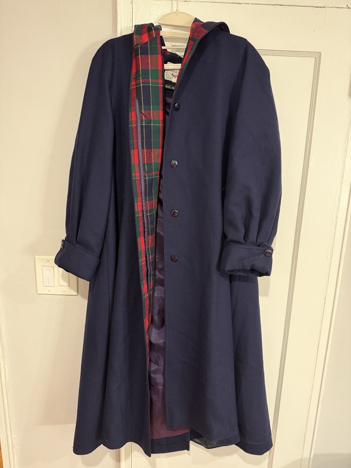 Avoca Collection Wool Long Navy Hooded Coat Medium Vintage  Ireland Irish Tartan