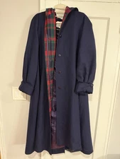 Avoca Collection Wool Long Navy Hooded Coat Medium Vintage  Ireland Irish Tartan
