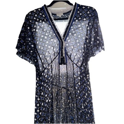Sz Medium Poupette St Barth Sasha Midi Lace Trim Dress Blue Floral Paisley