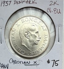 1937 Denmark Christian X Silver 2 Kroner Choice Brilliant Uncirculated 